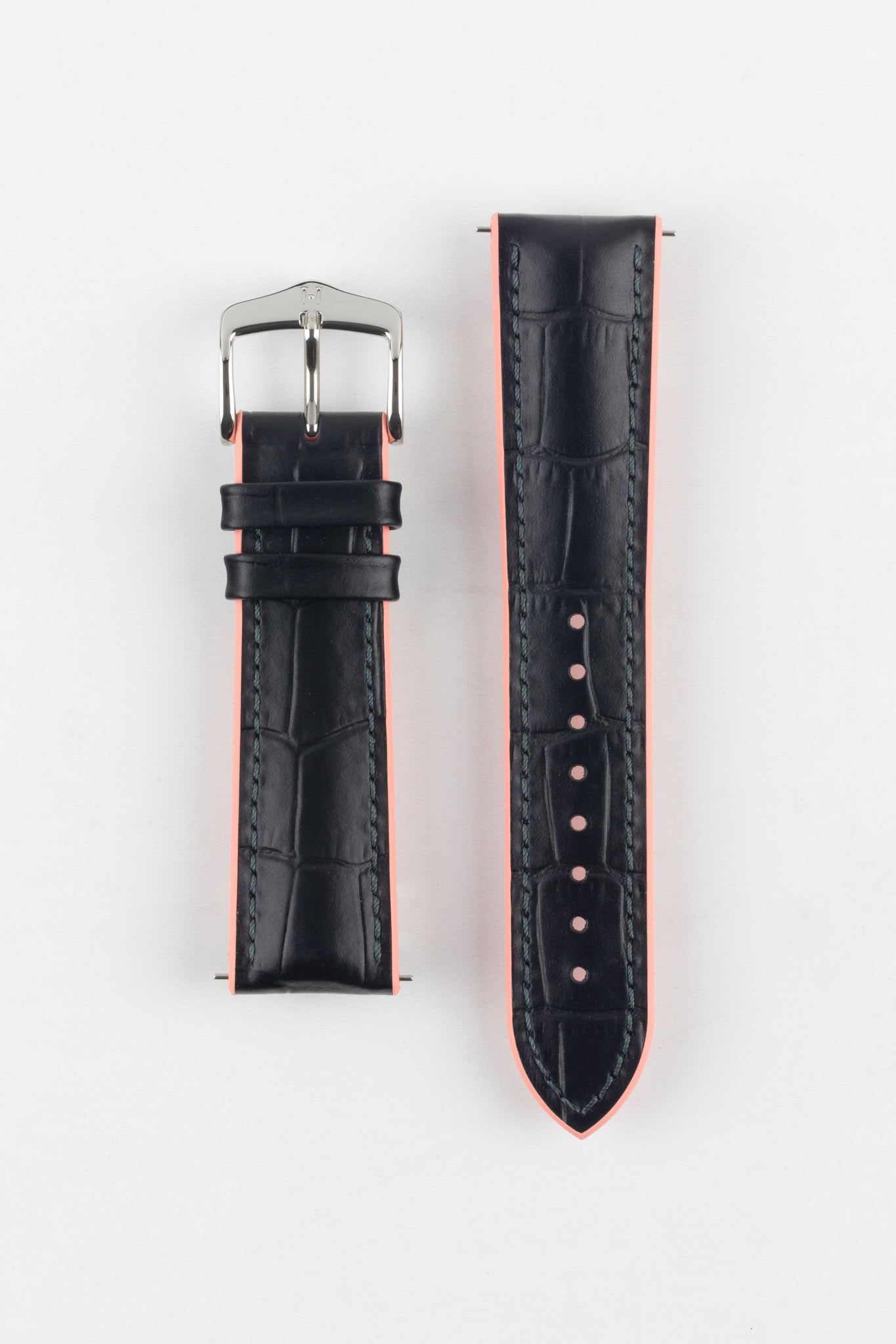 Hirsch ANDY Alligator Embossed Performance Watch Strap in BLACK / SALMON