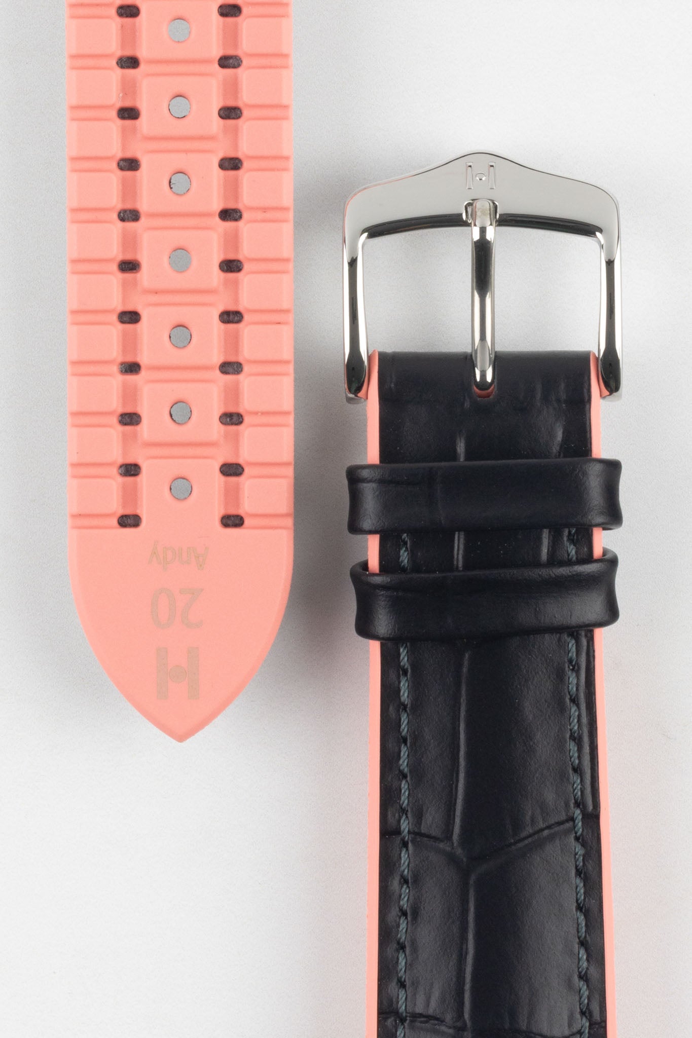 Hirsch ANDY Alligator Embossed Performance Watch Strap in BLACK / SALMON