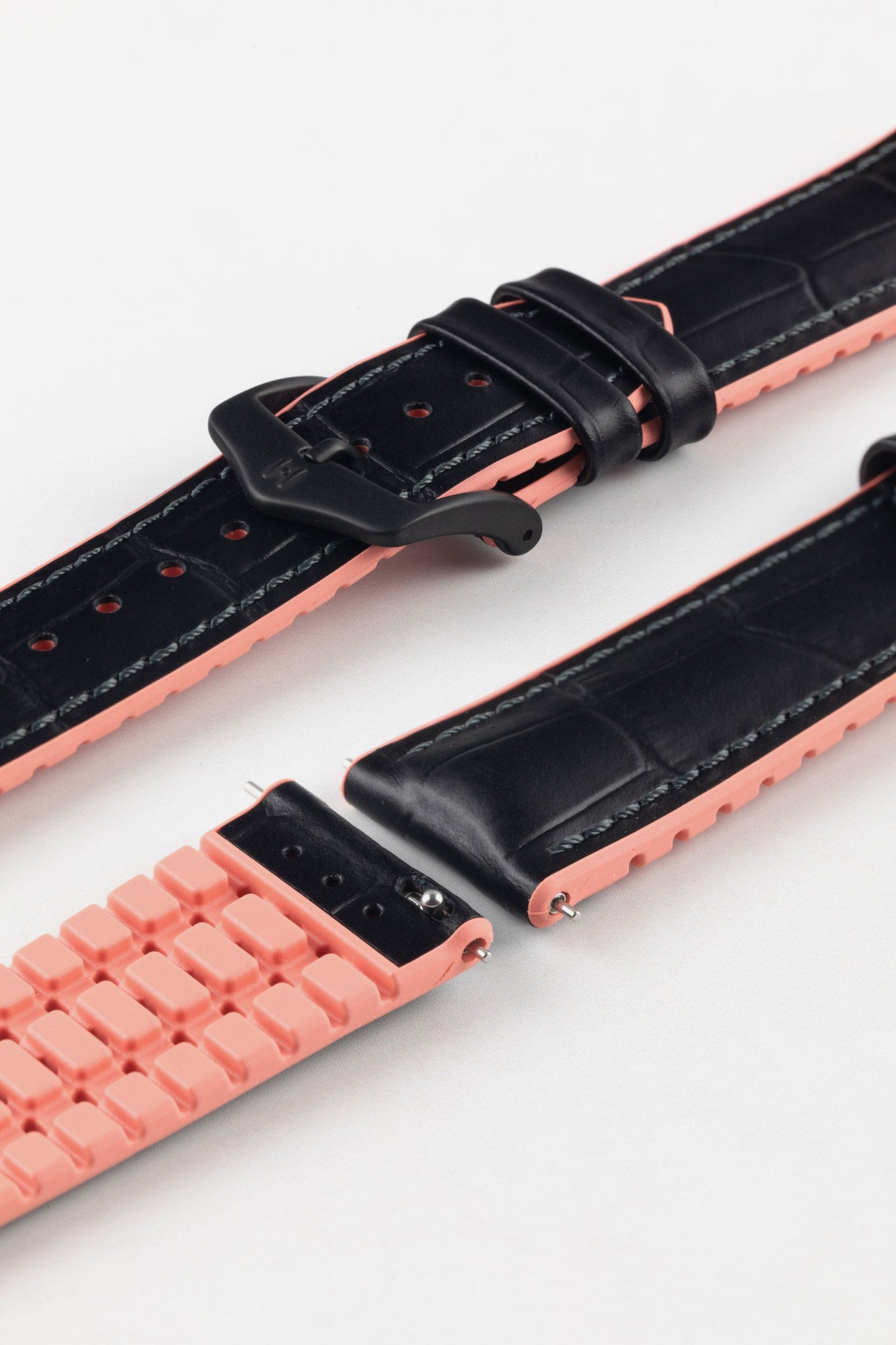 Hirsch ANDY Alligator Embossed Performance Watch Strap in BLACK / SALMON