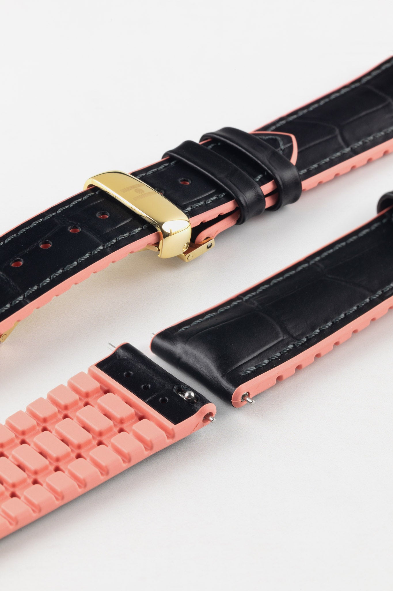 Hirsch ANDY Alligator Embossed Performance Watch Strap in BLACK / SALMON