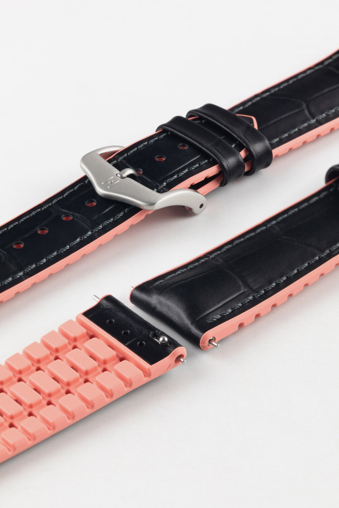 Hirsch ANDY Alligator Embossed Performance Watch Strap in BLACK / SALMON