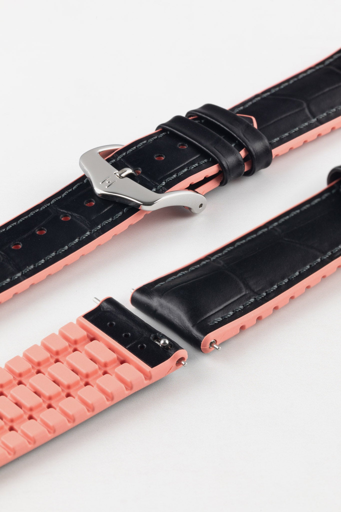 Hirsch ANDY Alligator Embossed Performance Watch Strap in BLACK / SALMON