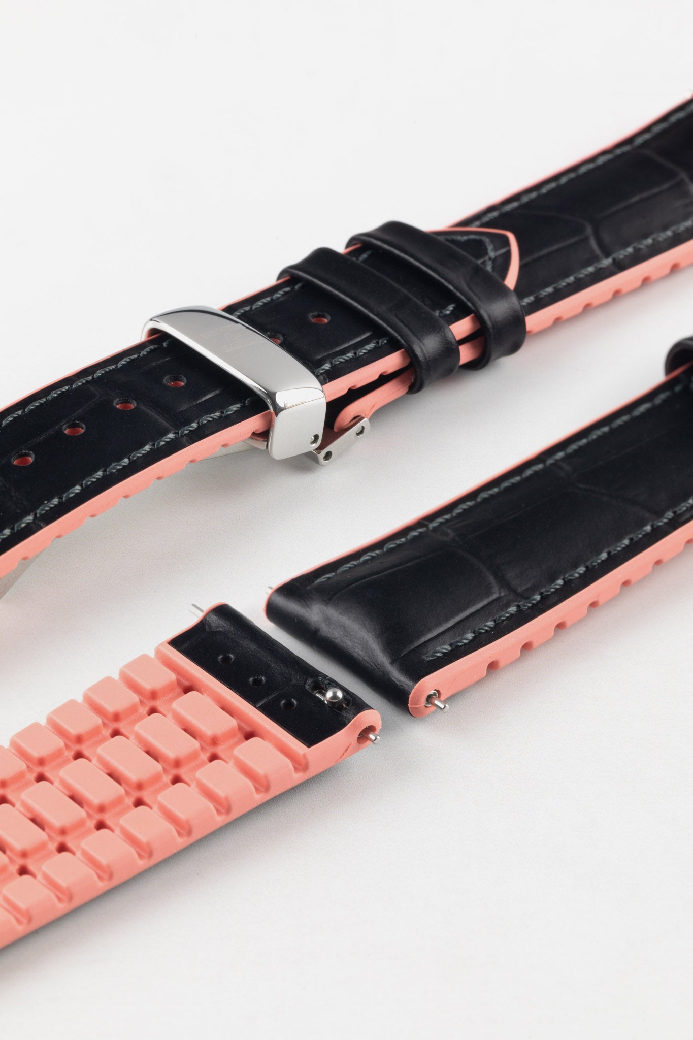 Hirsch ANDY Alligator Embossed Performance Watch Strap in BLACK / SALMON
