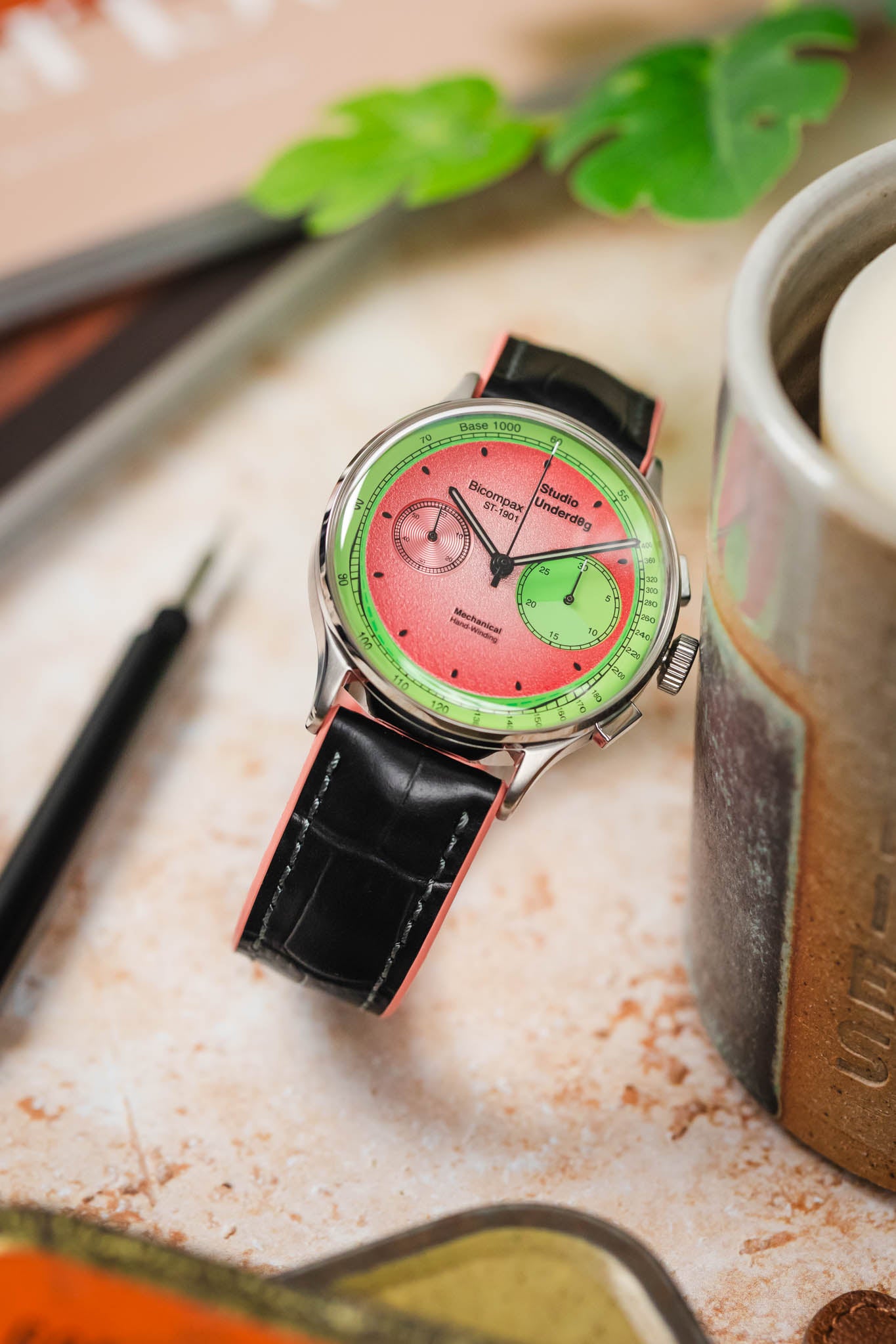 Hirsch ANDY Alligator Embossed Performance Watch Strap in BLACK / SALMON