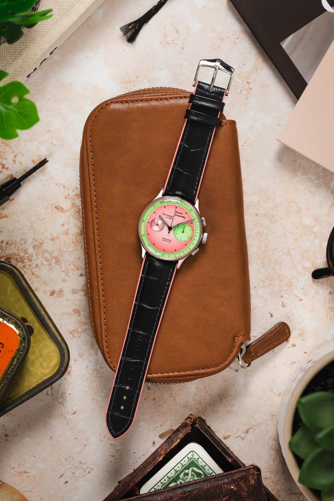 Hirsch ANDY Alligator Embossed Performance Watch Strap in BLACK / SALMON