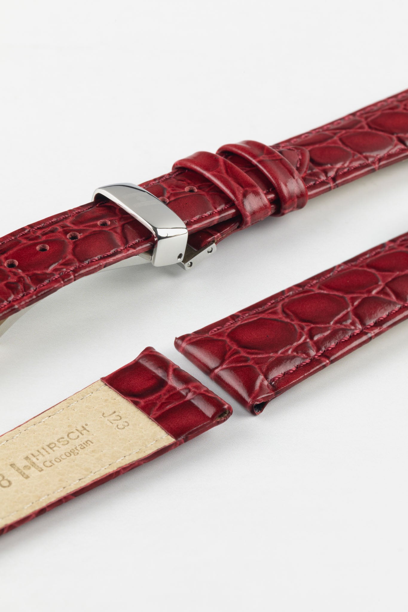 Hirsch CROCOGRAIN NQR Crocodile Embossed Leather Watch Strap in BURGUNDY