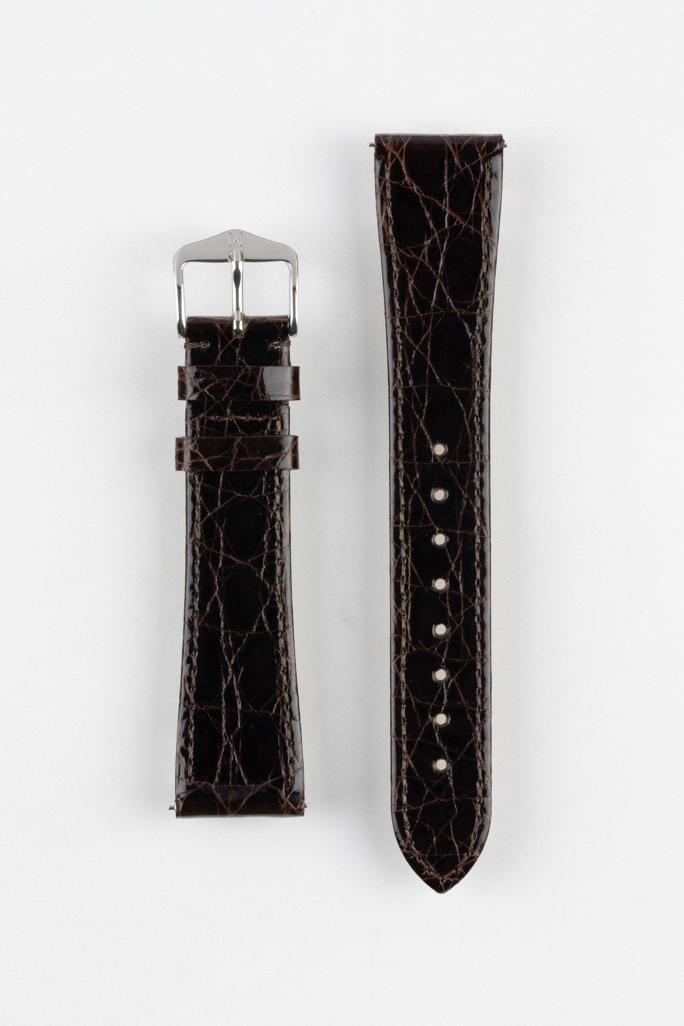 Hirsch GENUINE CROCO Shiny Crocodile Leather Watch Strap in BROWN