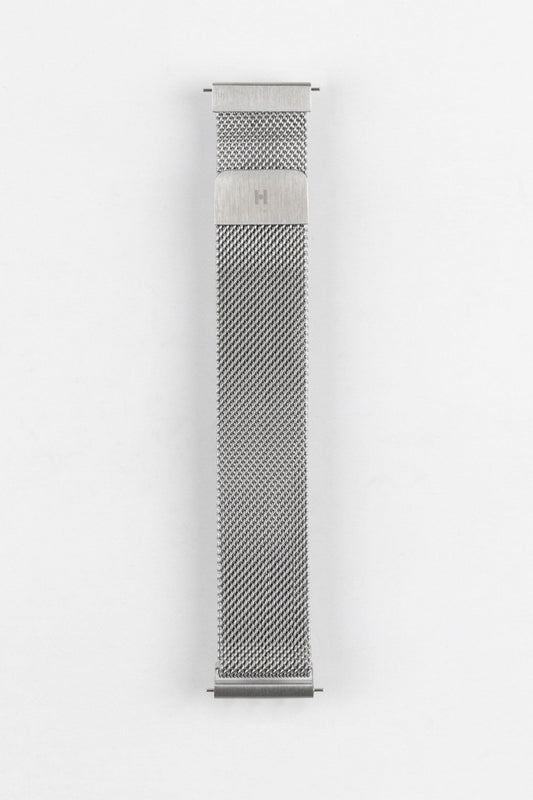Hirsch Silver metal Milanese watch strap, showcasing the finely woven mesh texture and adjustable clasp
