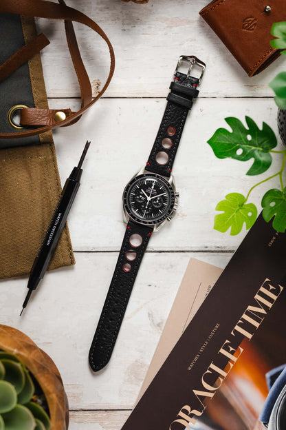 Hirsch RALLY Natural Leather Racing Watch Strap in BLACK / RED