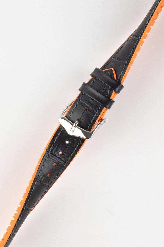 black and orange watch strap (fastened)