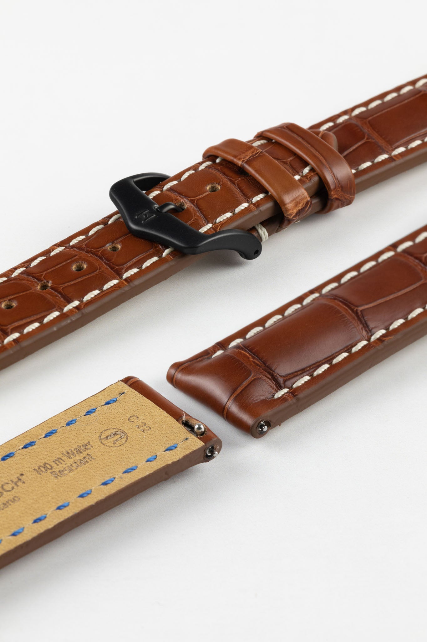 Hirsch CAPITANO Padded Alligator Leather Water-Resistant Watch Strap in GOLD BROWN