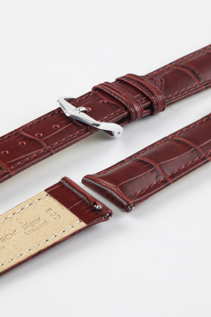Hirsch DUKE Alligator Embossed Leather Watch Strap in BURGUNDY