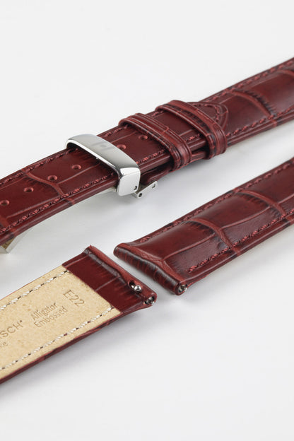 Hirsch DUKE Alligator Embossed Leather Watch Strap in BURGUNDY