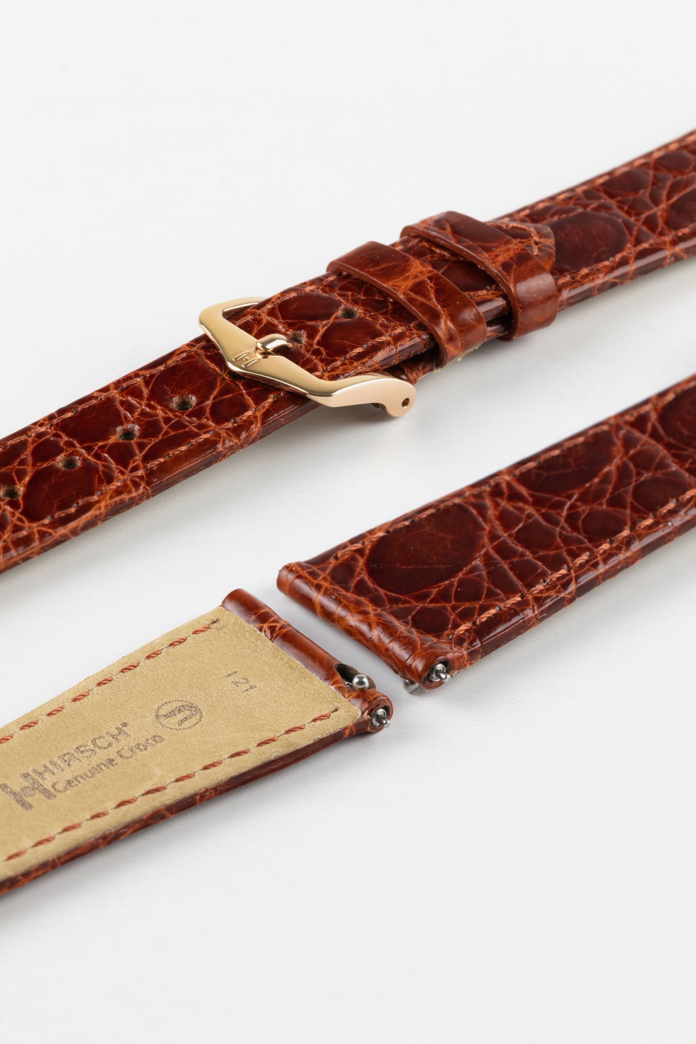 Hirsch GENUINE CROCO Shiny Crocodile Leather Watch Strap in GOLD BROWN