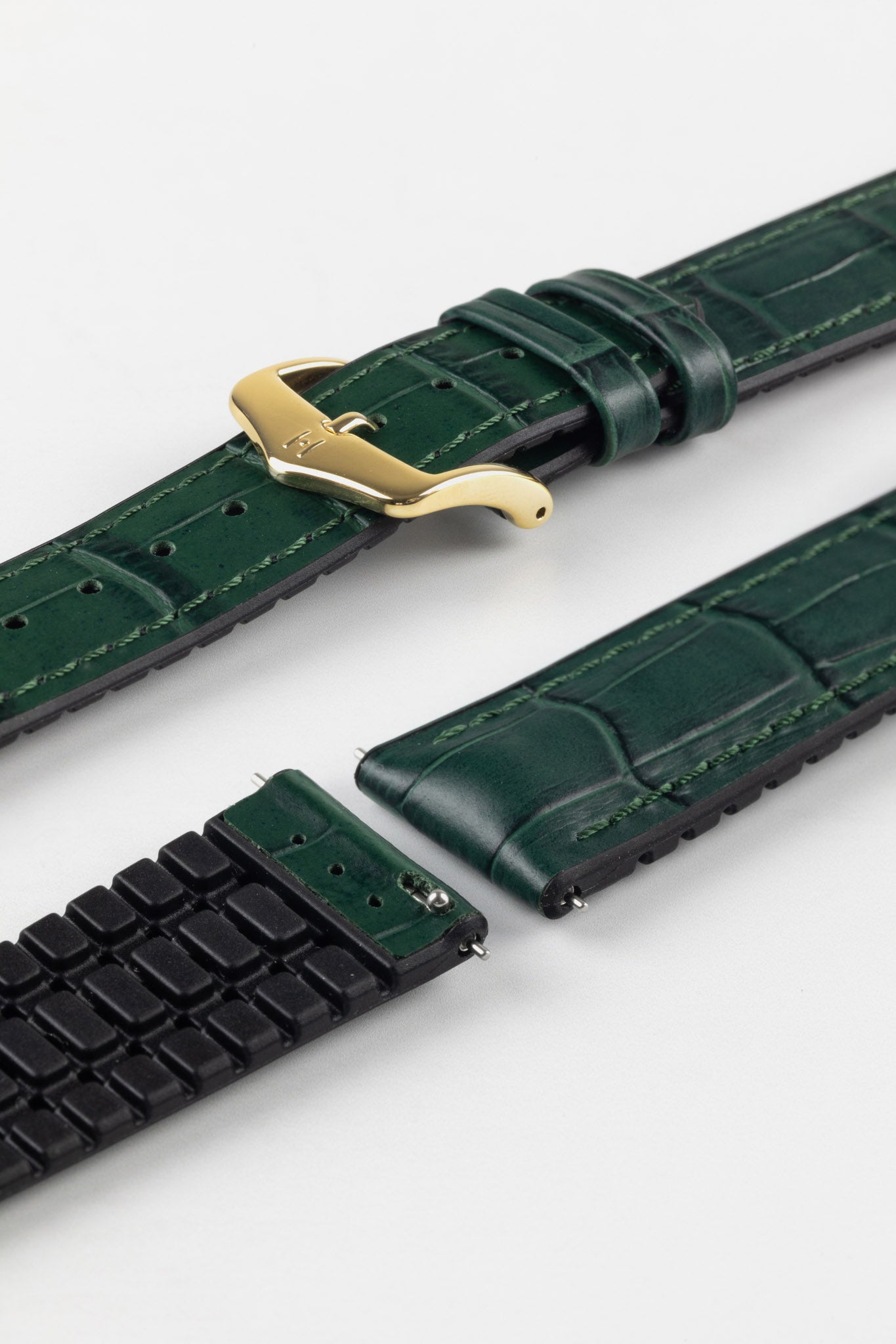 Hirsch Paul in Green with Gold Buckle fitted featuring the natural rubber underlayer and quick release spring bar mechanism