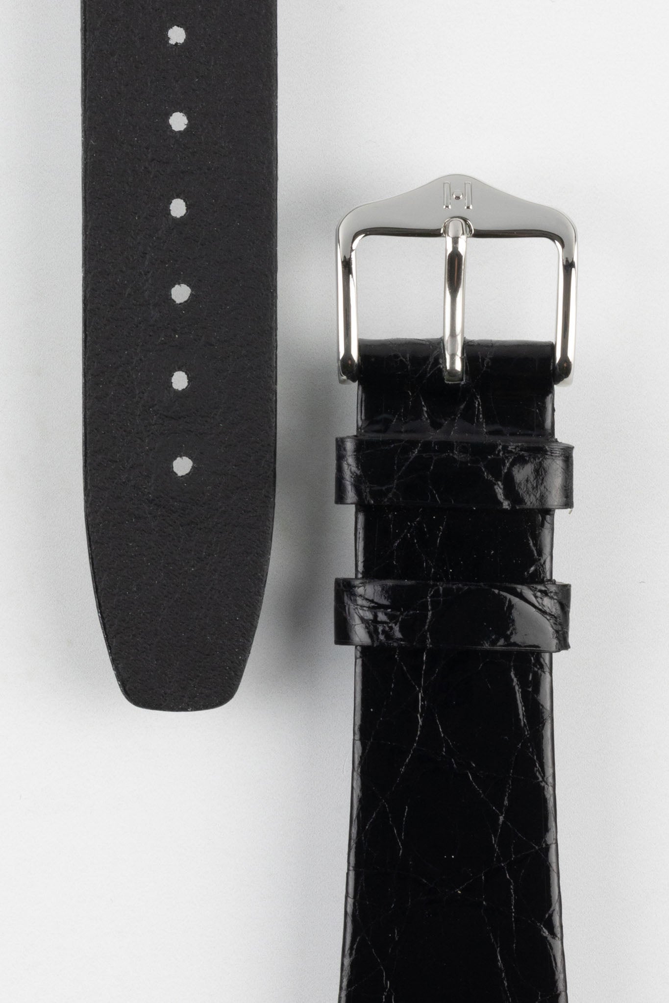 Hirsch PRESTIGE Shiny Genuine Crocodile Leather Watch Strap in BLACK