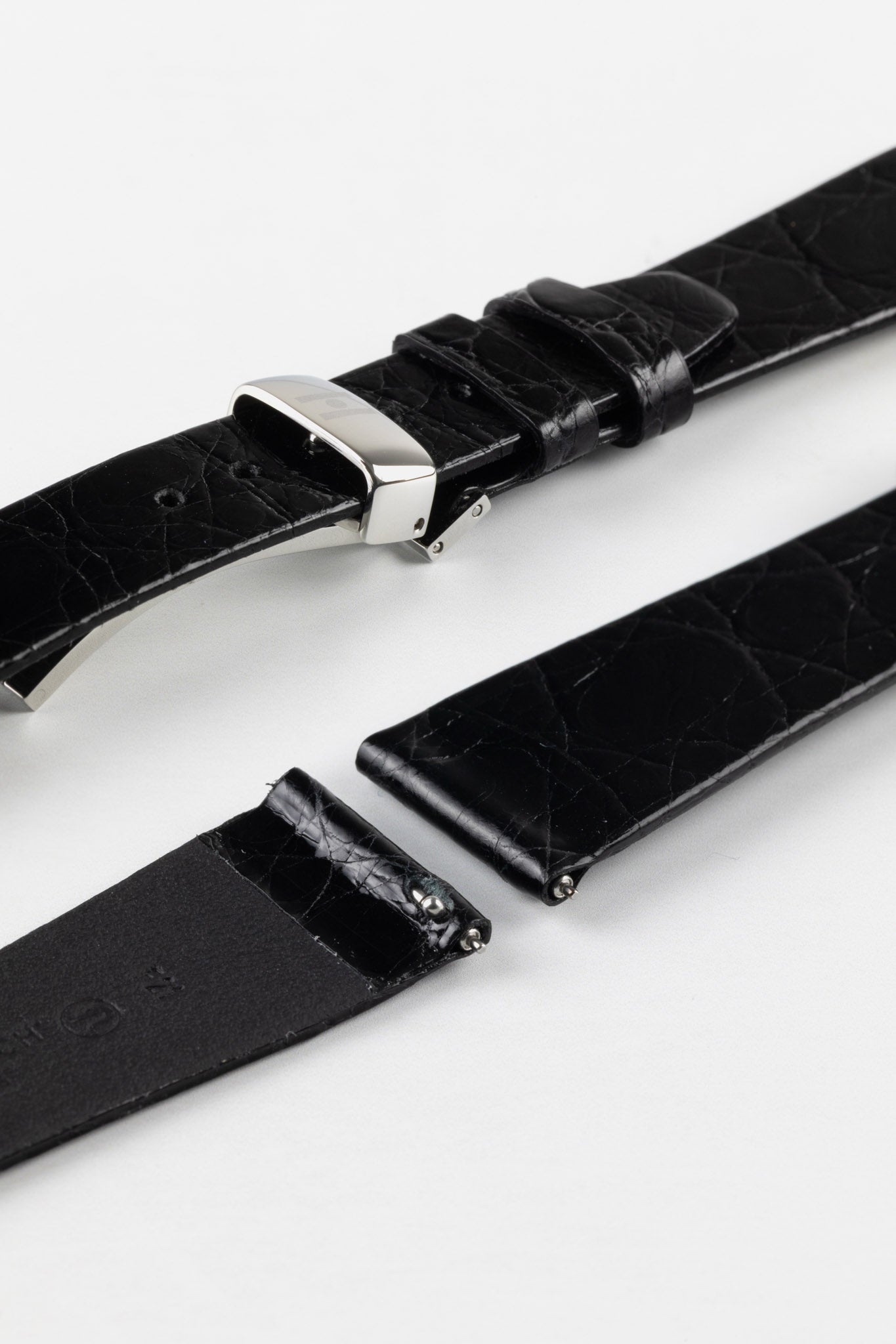 Hirsch PRESTIGE Shiny Genuine Crocodile Leather Watch Strap in BLACK