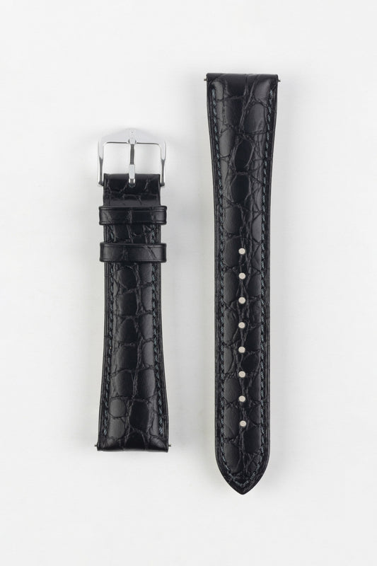 Hirsch ARISTOCRAT Croco-Embossed Leather Watch Strap in BLACK