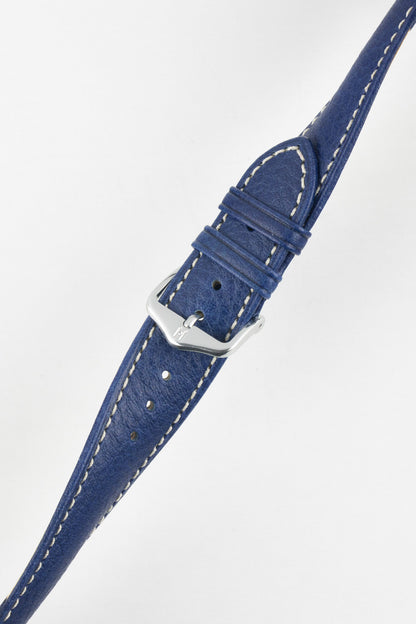 Angled product shot of the Hirsch Boston Blue leather watch strap with its silver buckle and keeper loops.
