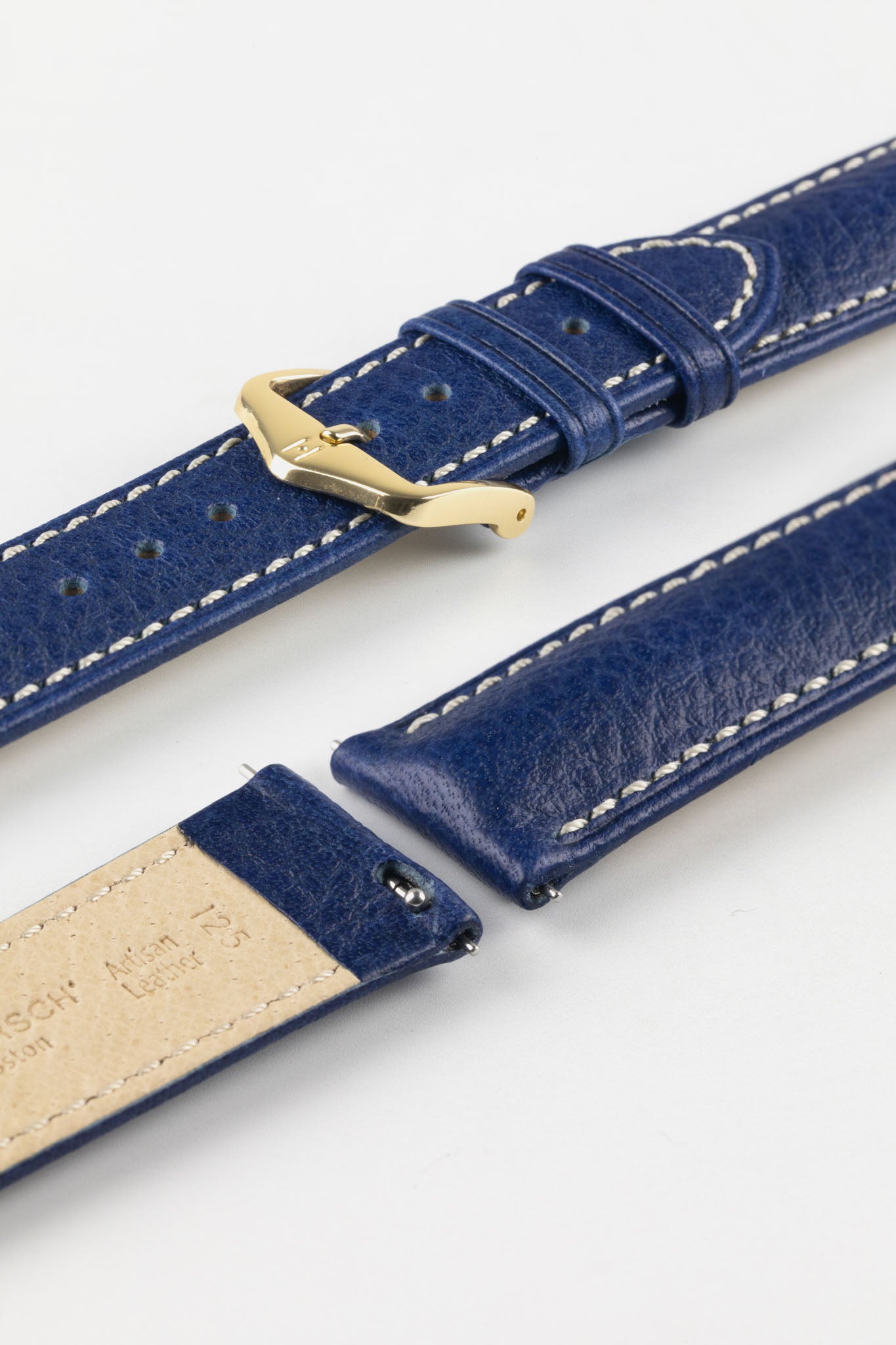 The Hirsch Boston Blue leather watch strap showing the traditional Gold Buckle option. Find the perfect watch strap.