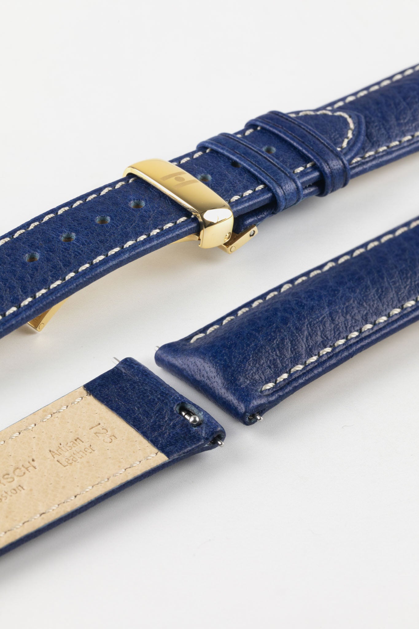 Hirsch Boston Blue leather watch strap with a Gold Deployment clasp. Perfect accessory for watch enthusiasts.