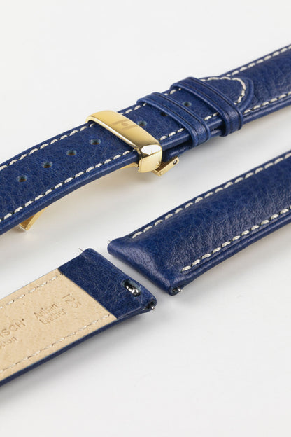 Hirsch Boston Blue leather watch strap with a Gold Deployment clasp. Perfect accessory for watch enthusiasts.