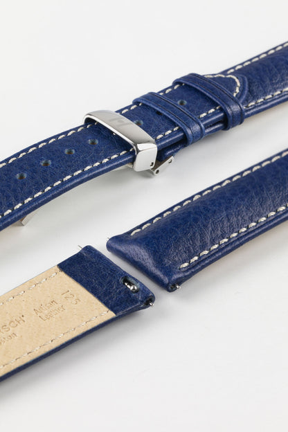 Close-up of the Hirsch Boston Blue watch strap featuring a Silver Deployment clasp upgrade option.