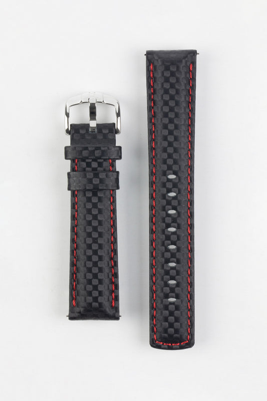 Hirsch CARBON Decorated Waterproof Leather Watch Strap in BLACK / RED