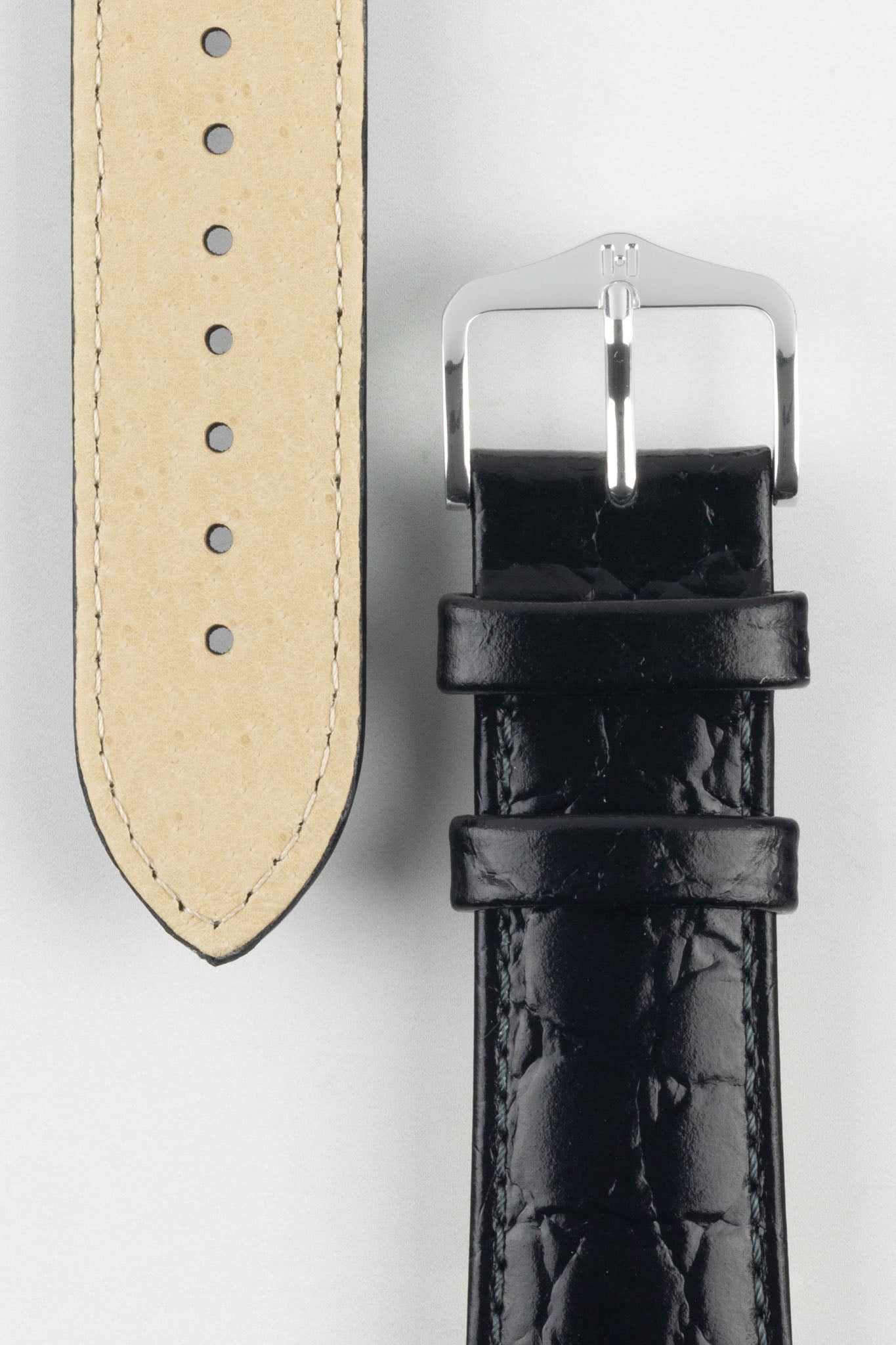 Hirsch CROCOGRAIN NQR Crocodile Embossed Leather Watch Strap in BLACK