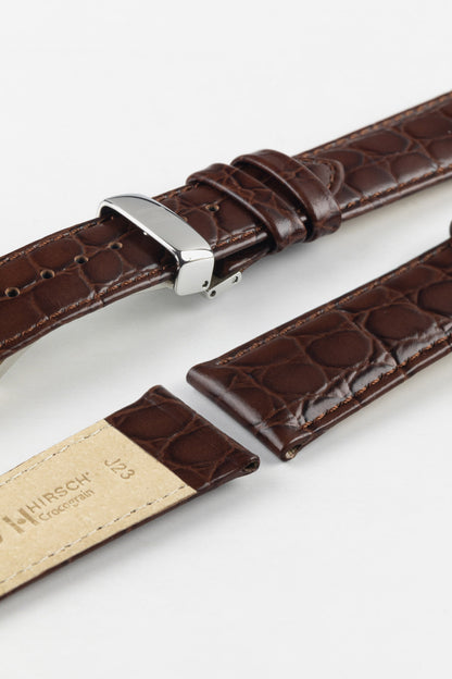 Hirsch CROCOGRAIN NQR Crocodile Embossed Leather Watch Strap in BROWN