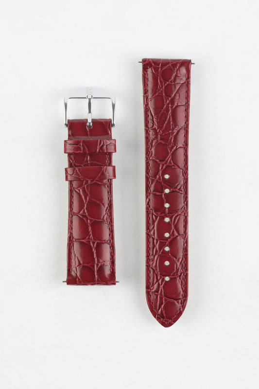 Hirsch CROCOGRAIN Crocodile Embossed Leather Watch Strap in BURGUNDY