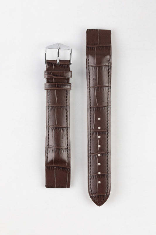 Hirsch DUKE Open Ended Alligator Embossed Leather Watch Strap in BROWN