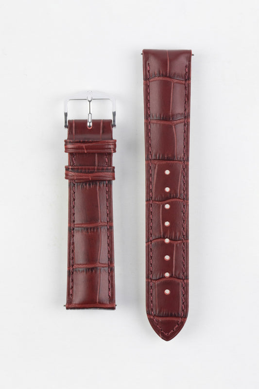 Hirsch DUKE Alligator Embossed Leather Watch Strap in BURGUNDY