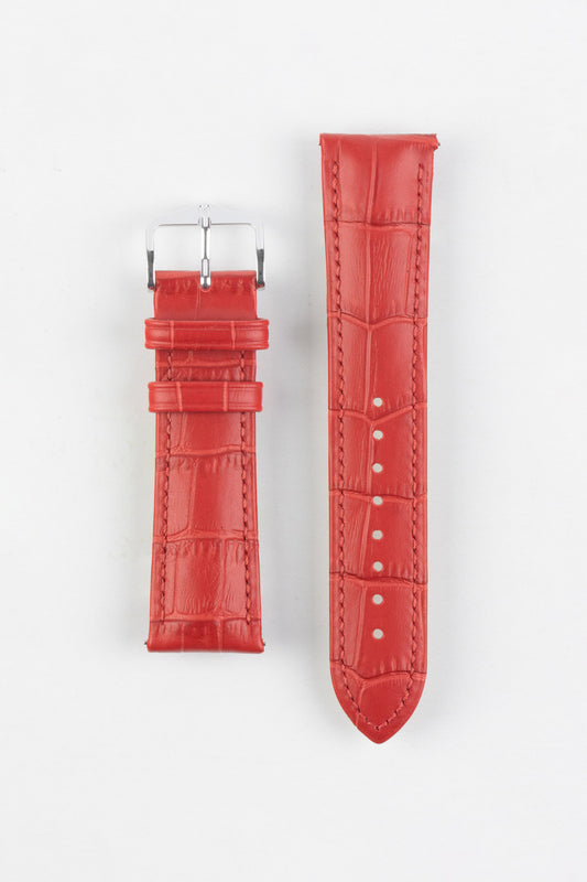 Hirsch DUKE Alligator Embossed Leather Watch Strap in RED