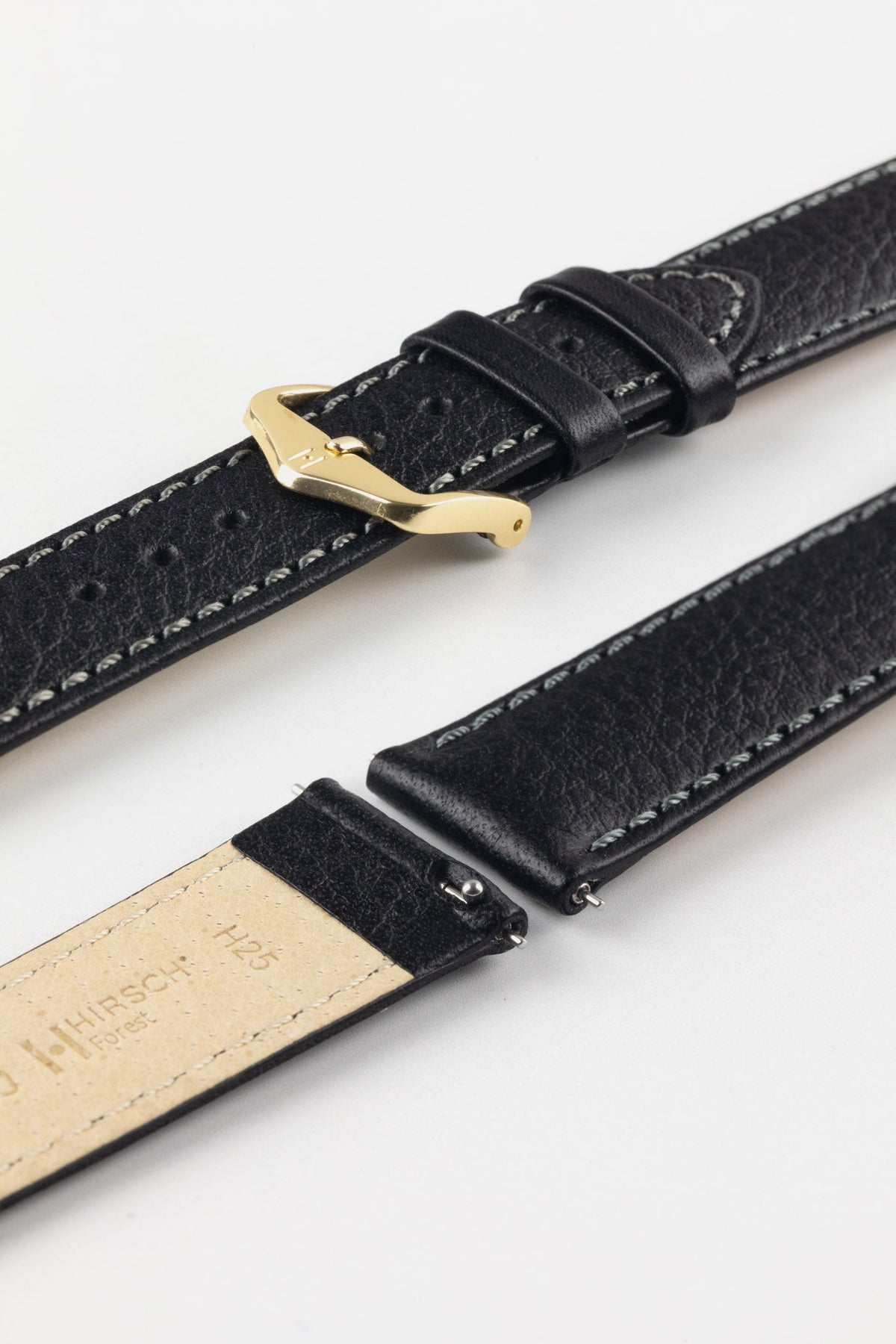 HIRSCH Forest black leather watch strap, quick-release pins, textured grain, white stitching, and a luxurious gold buckle.