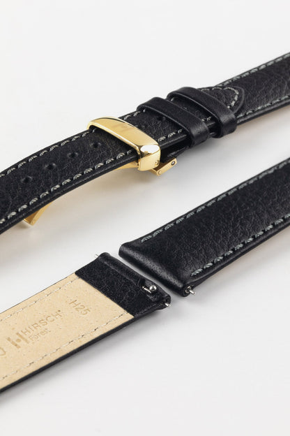 HIRSCH Forest black leather watch strap, quick-release function, visible stitching, and a stylish polished gold buckle.