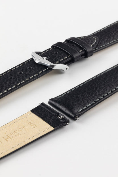 HIRSCH Forest black leather watch strap, quick-release design, textured grain, white stitching, with a sleek silver buckle.