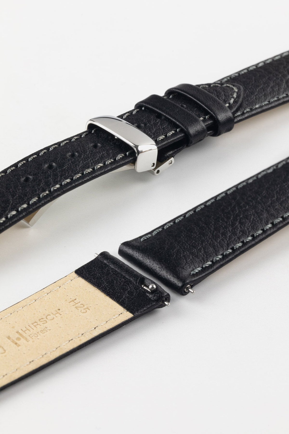 HIRSCH Forest black leather watch strap, quick-release function, visible stitching, and a stylish polished steel clasp.