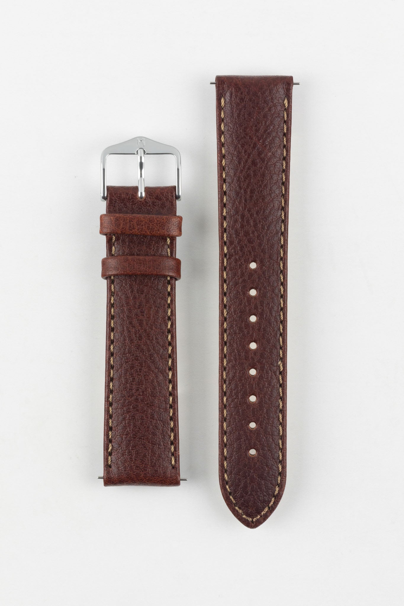 Full view of HIRSCH Forest brown watch strap, textured grain, light stitching, and a classic polished silver buckle.