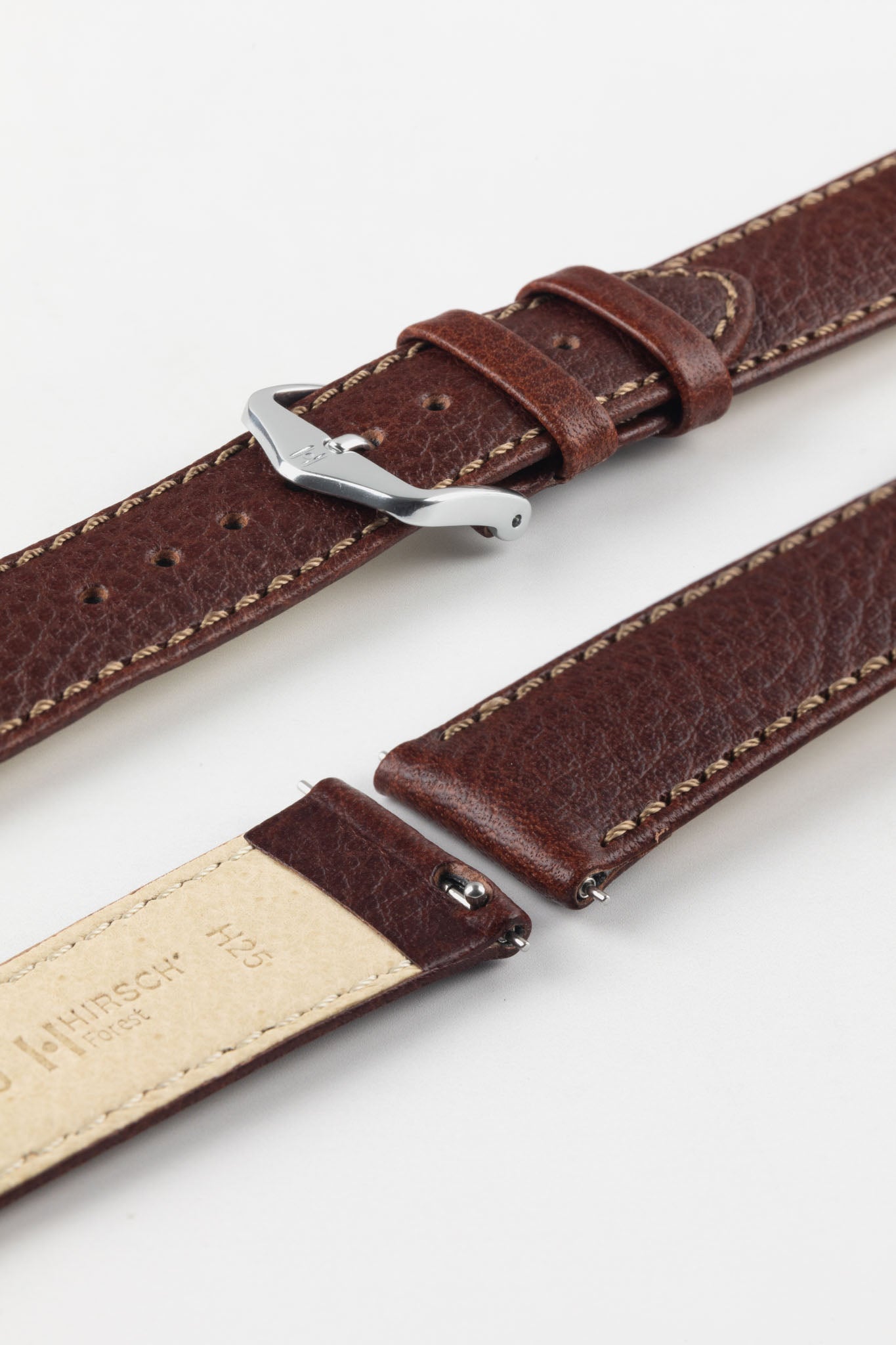 HIRSCH Forest brown quick-release watch strap with a polished silver buckle, showcasing the grained leather finish.