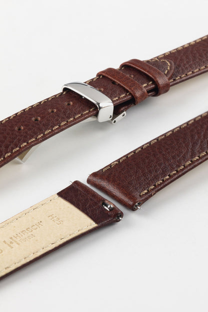 HIRSCH Forest brown quick-release strap detail with a silver deployment clasp for security and convenience.