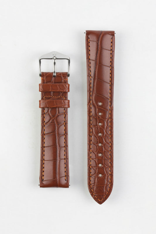 Hirsch GENUINE ALLIGATOR Louisiana Alligator Watch Strap in GOLD BROWN