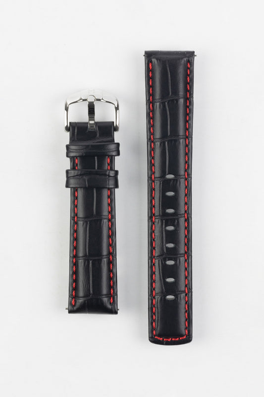 Hirsch GRAND DUKE Water-Resistant Alligator Embossed Sport Watch Strap in BLACK / RED