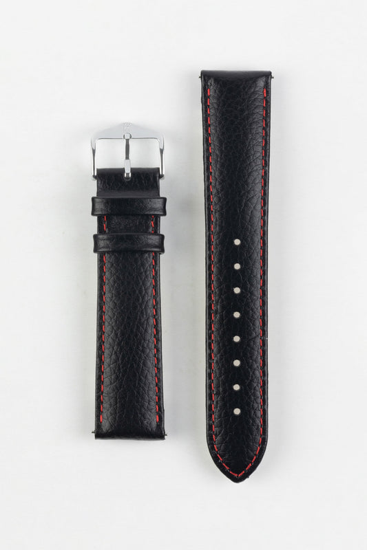 Hirsch KANSAS Buffalo-Embossed Calf Leather Watch Strap in BLACK with Red Stitching