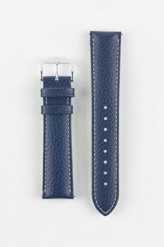 Hirsch KANSAS Buffalo-Embossed Calf Leather Watch Strap in BLUE with White Stitch