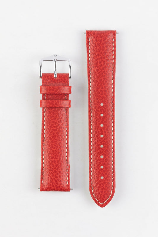 Hirsch KANSAS Buffalo-Embossed Calf Leather Watch Strap in RED with White Stitch