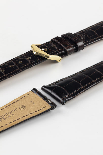Hirsch LONDON Shiny Alligator Leather Watch Strap in BROWN