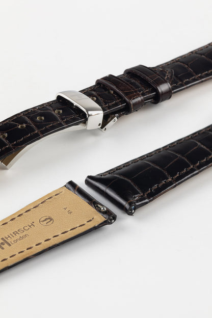 Hirsch LONDON Shiny Alligator Leather Watch Strap in BROWN