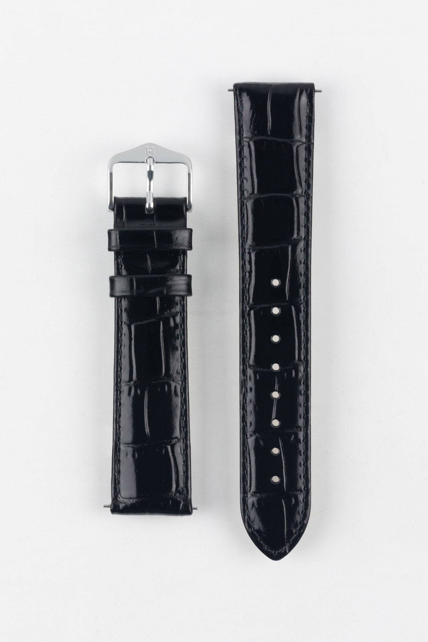 Full view of HIRSCH Louisianalook Black leather strap with elegant alligator embossing and a silver buckle.