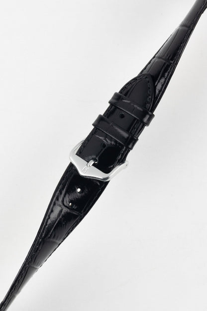 Angled shot of a polished silver buckle on the stylish and affordable Louisianalook Black watch strap.